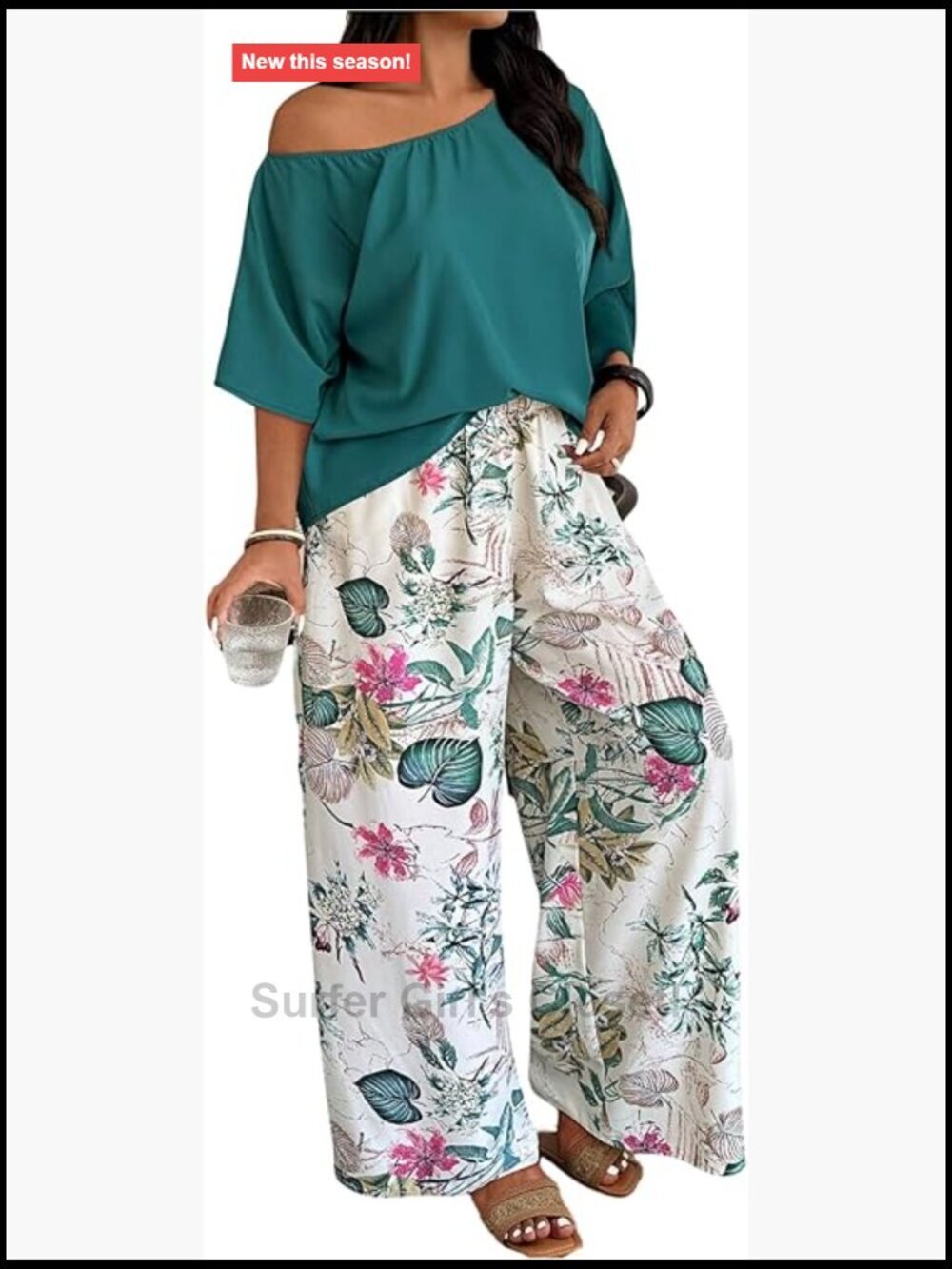 Plus Size 2 Piece Vacation Outfits Off Shoulder 3/4 Sleeve Top and Boho Print